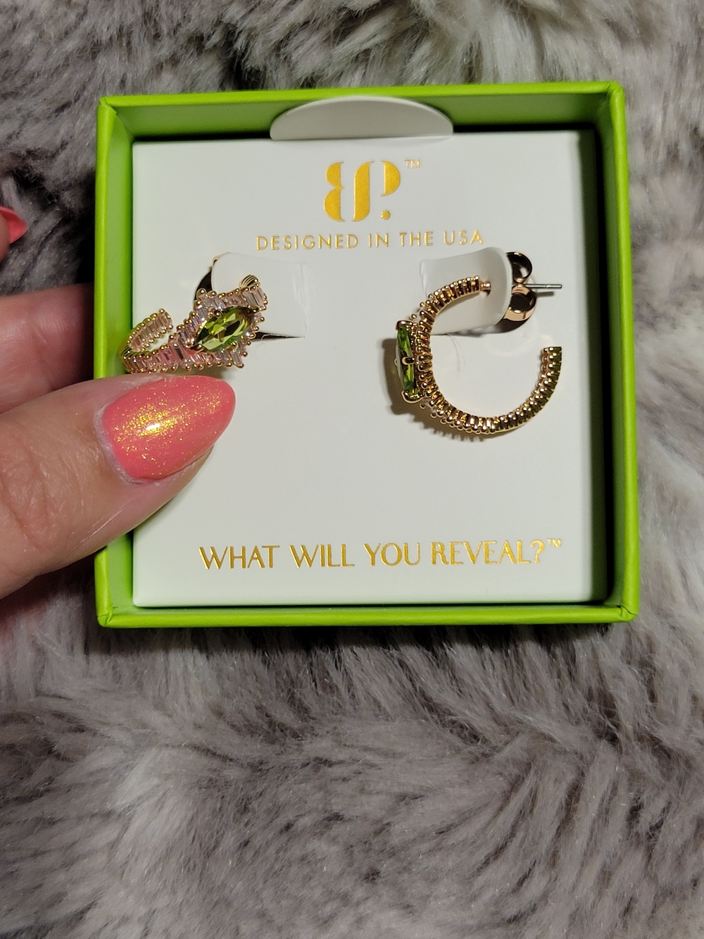 BP. Rose Gold Hoop Earrings with Green Crystal Accent